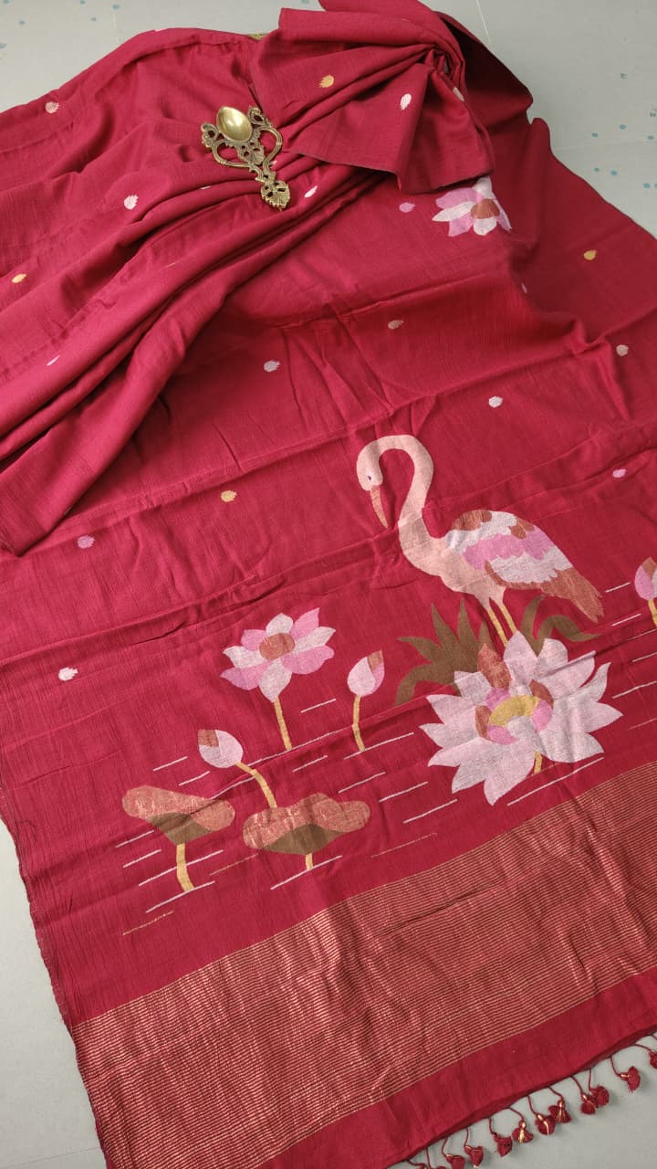Deep Red Borderless Silk Cotton Saree With Hand Jamdani and Embroidery