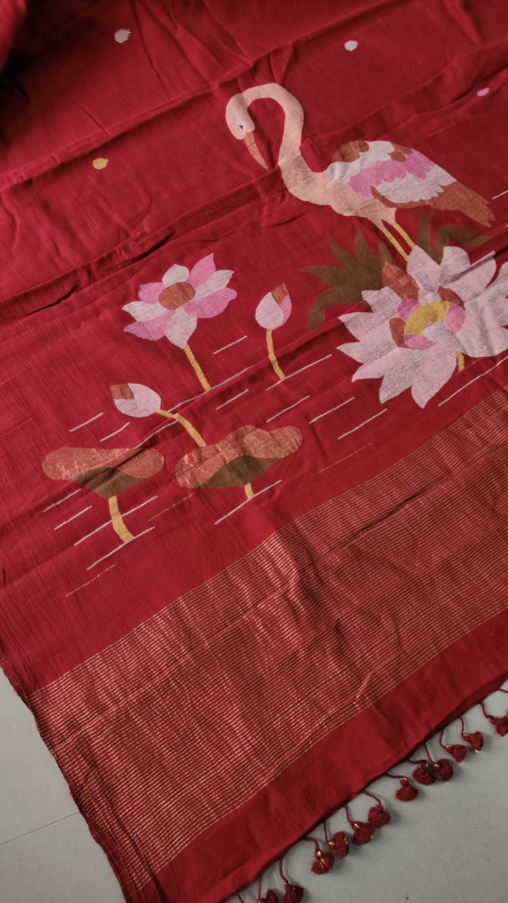 Deep Red Borderless Silk Cotton Saree With Hand Jamdani and Embroidery