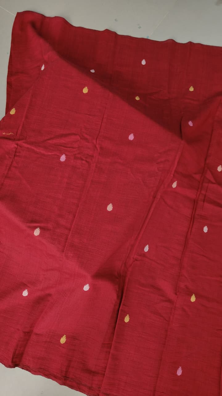 Deep Red Borderless Silk Cotton Saree With Hand Jamdani and Embroidery