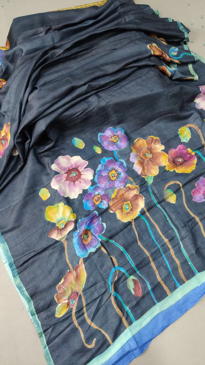 Charcoal Gray Floral Hand Painted on Tussar Cotton Saree With Sequins Work and Border