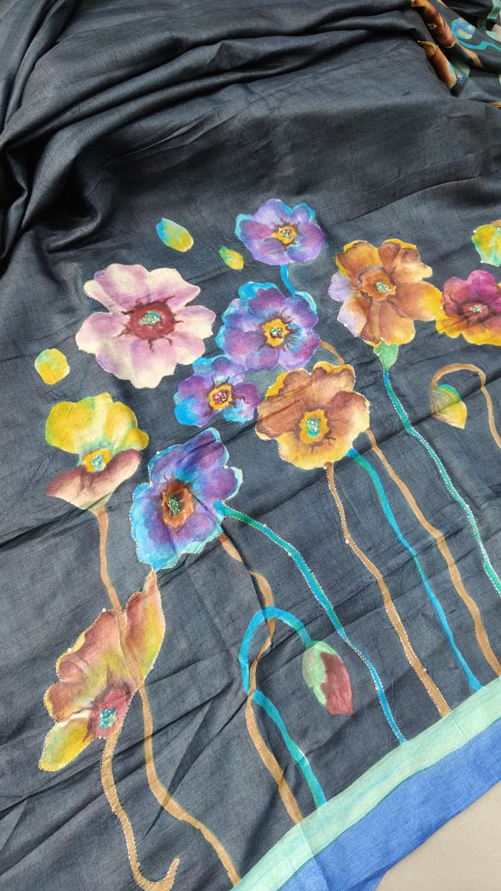 Charcoal Gray Floral Hand Painted on Tussar Cotton Saree With Sequins Work and Border