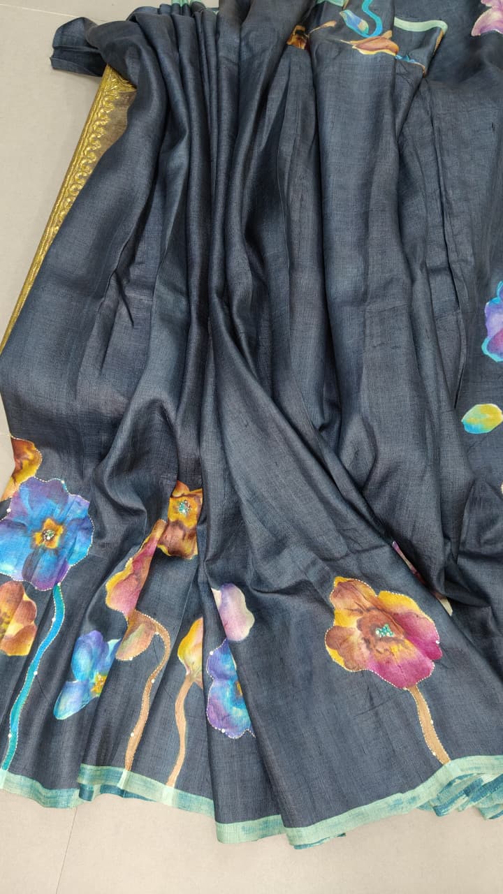 Charcoal Gray Floral Hand Painted on Tussar Cotton Saree With Sequins Work and Border