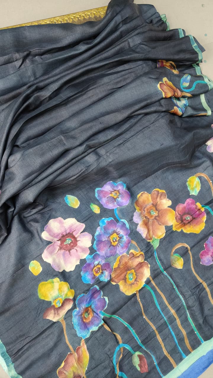Charcoal Gray Floral Hand Painted on Tussar Cotton Saree With Sequins Work and Border
