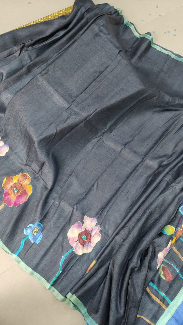 Charcoal Gray Floral Hand Painted on Tussar Cotton Saree With Sequins Work and Border