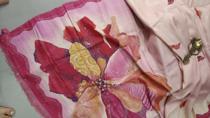 Pink-Beige Floral Hand Painted on Tussar Cotton Saree With Sequins-Cutdana Work and Border