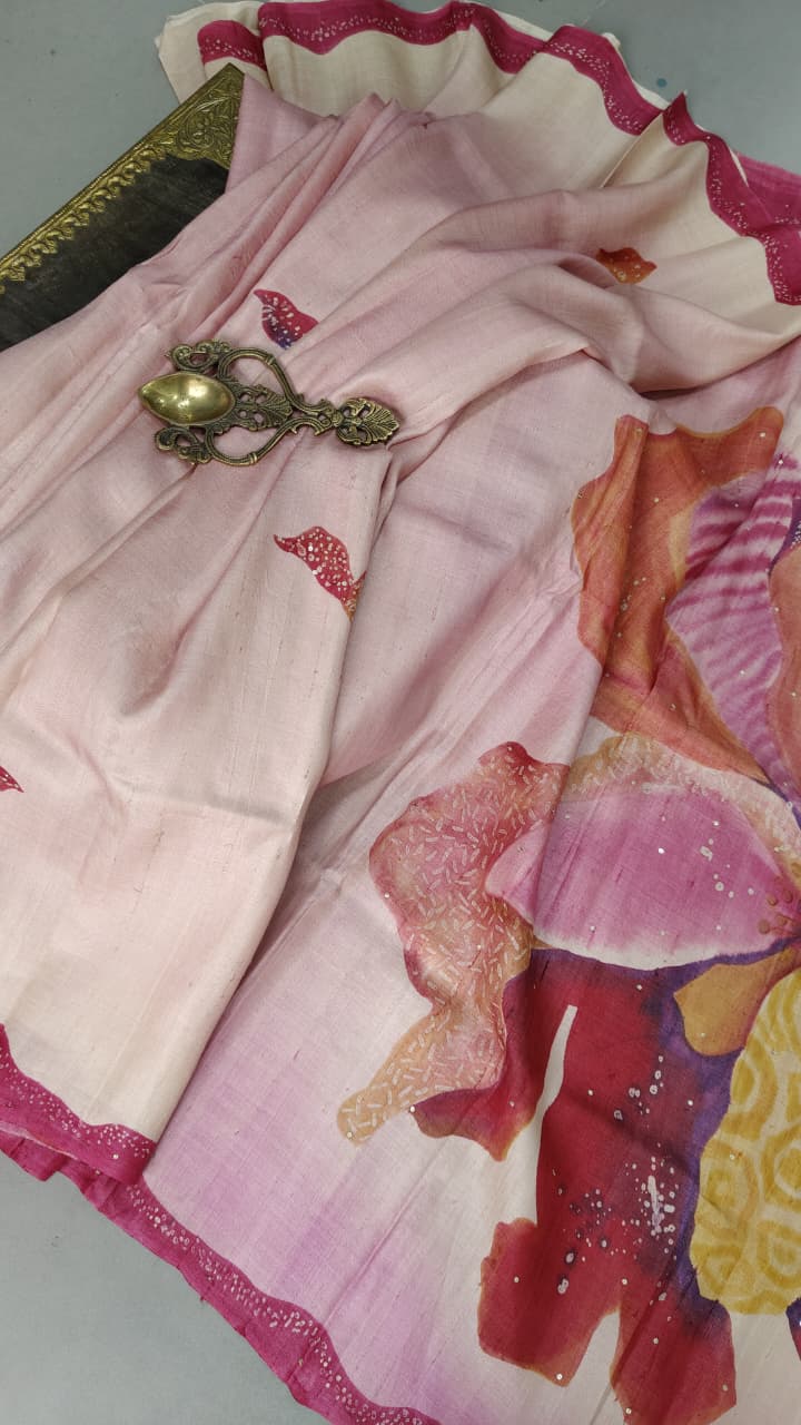 Pink-Beige Floral Hand Painted on Tussar Cotton Saree With Sequins-Cutdana Work and Border