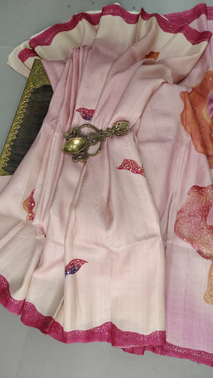Pink-Beige Floral Hand Painted on Tussar Cotton Saree With Sequins-Cutdana Work and Border