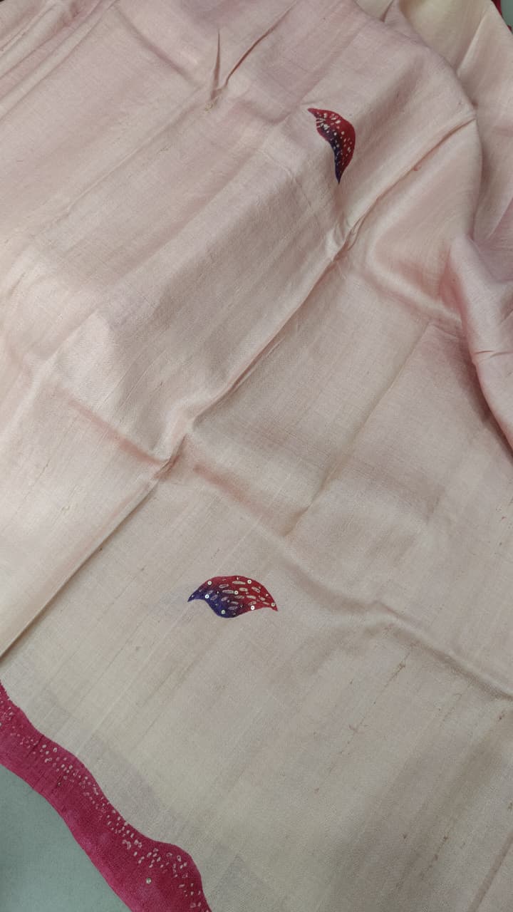 Pink-Beige Floral Hand Painted on Tussar Cotton Saree With Sequins-Cutdana Work and Border