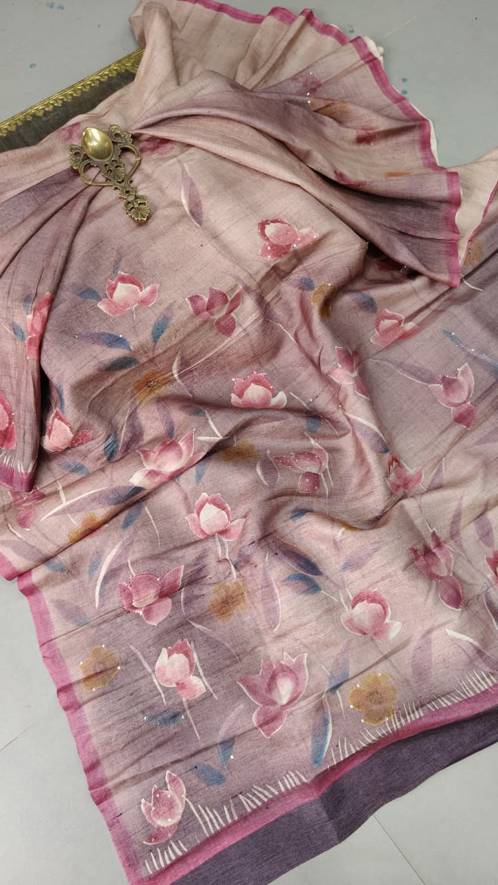 Tan Rose Floral Hand Painted on Kora Tussar Saree With Sequins Work and Border | SILK MARK CERTIFIED