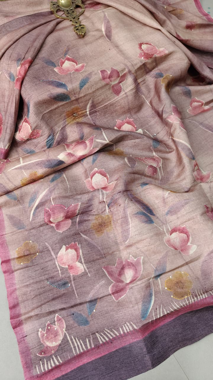 Tan Rose Floral Hand Painted on Kora Tussar Saree With Sequins Work and Border | SILK MARK CERTIFIED