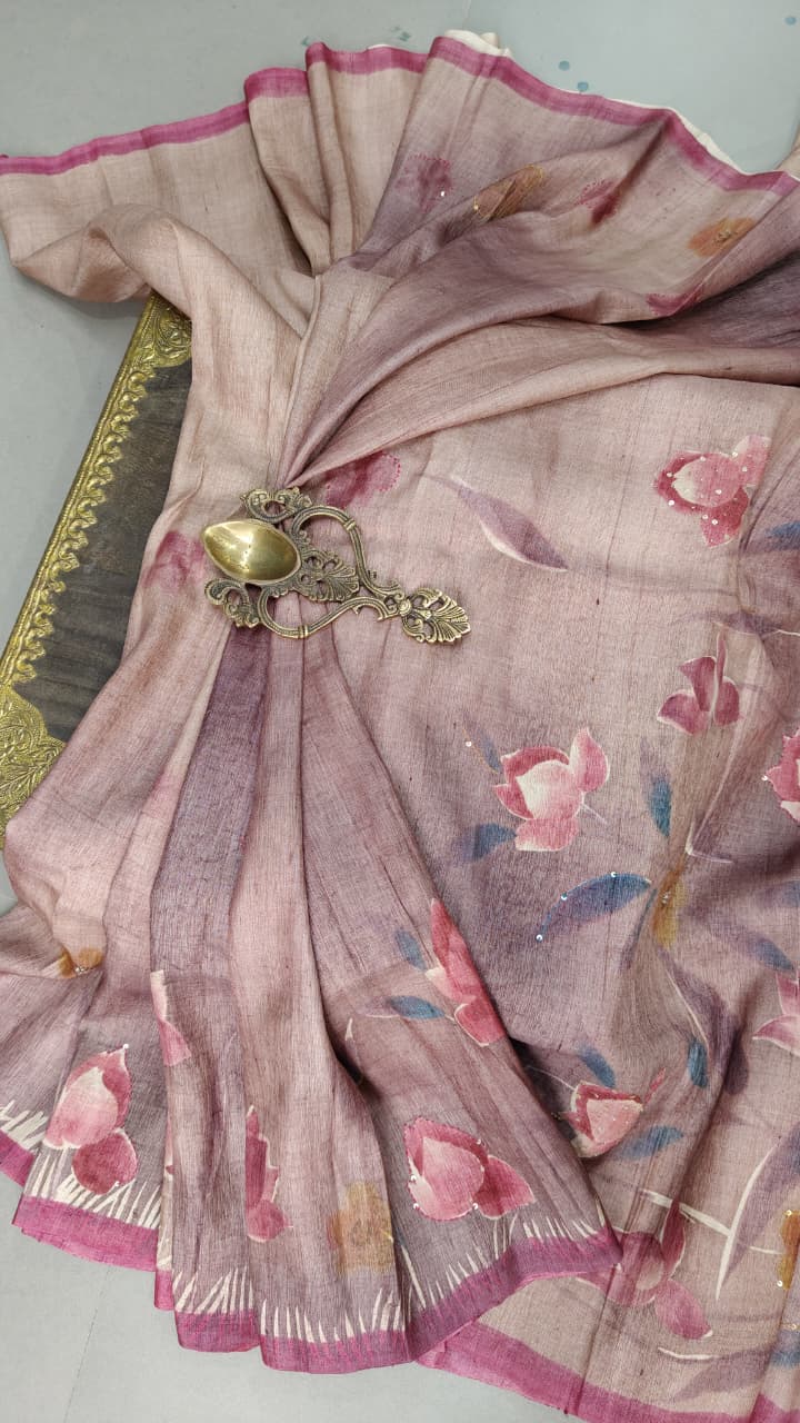 Tan Rose Floral Hand Painted on Kora Tussar Saree With Sequins Work and Border | SILK MARK CERTIFIED