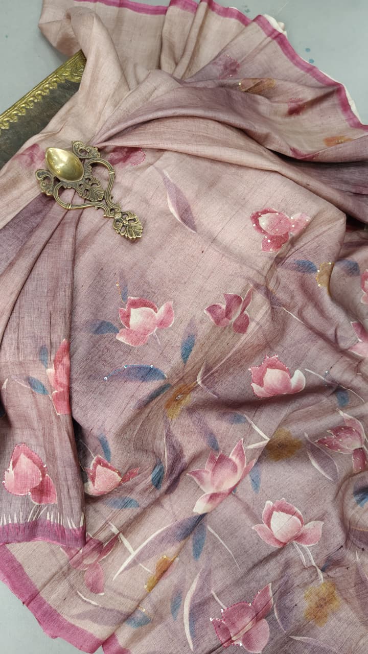 Tan Rose Floral Hand Painted on Kora Tussar Saree With Sequins Work and Border | SILK MARK CERTIFIED
