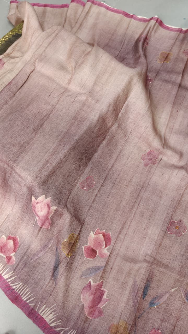 Tan Rose Floral Hand Painted on Kora Tussar Saree With Sequins Work and Border | SILK MARK CERTIFIED
