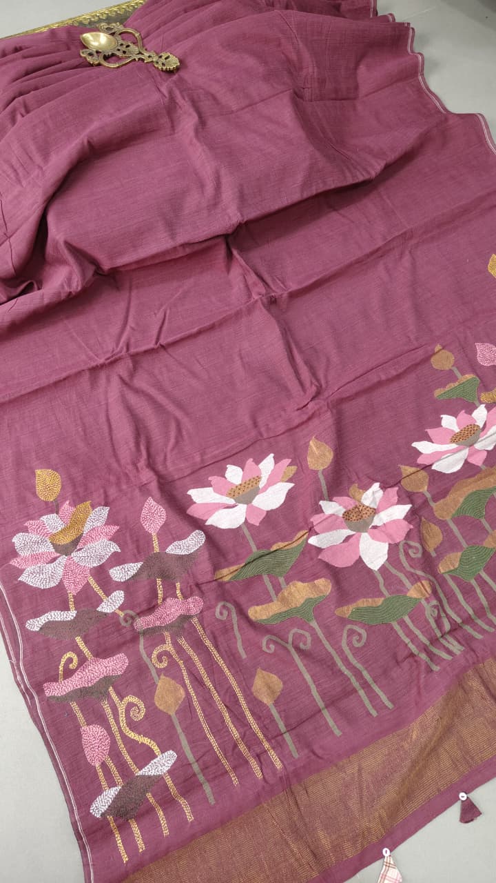 Dark Mauve Silk Cotton Saree With Hand Jamdani and Floral Embroidery-Ponchu