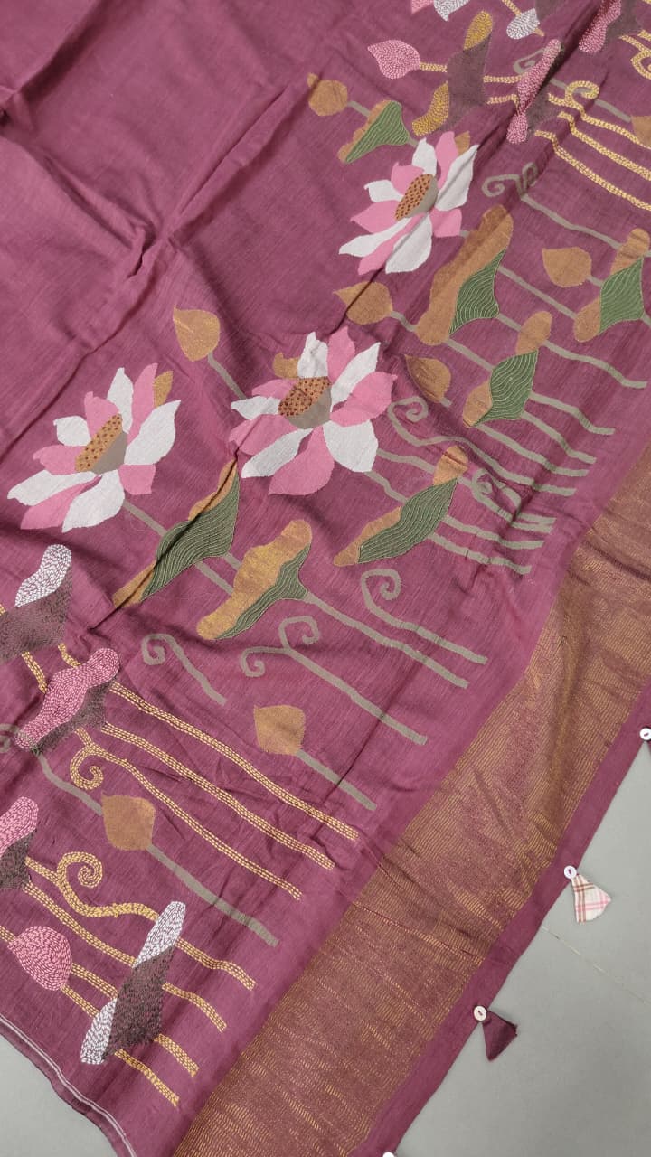 Dark Mauve Silk Cotton Saree With Hand Jamdani and Floral Embroidery-Ponchu