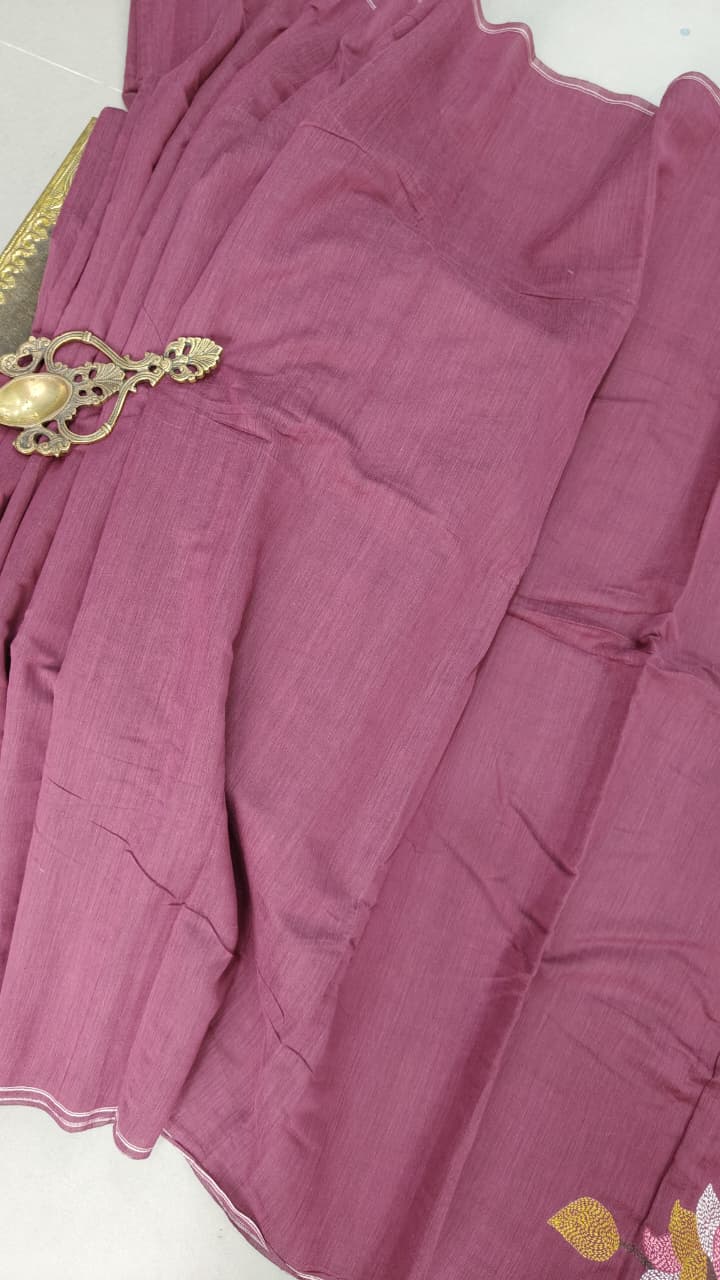 Dark Mauve Silk Cotton Saree With Hand Jamdani and Floral Embroidery-Ponchu
