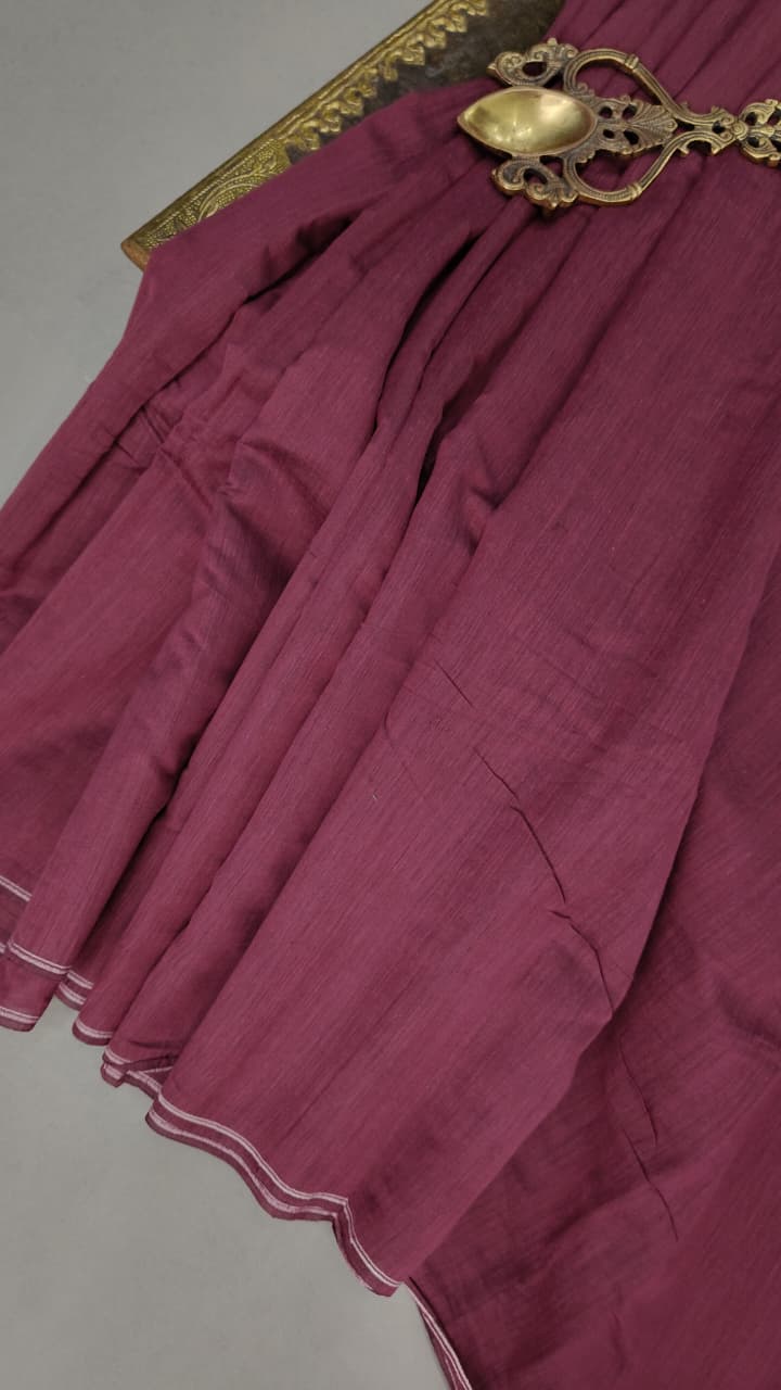 Dark Mauve Silk Cotton Saree With Hand Jamdani and Floral Embroidery-Ponchu