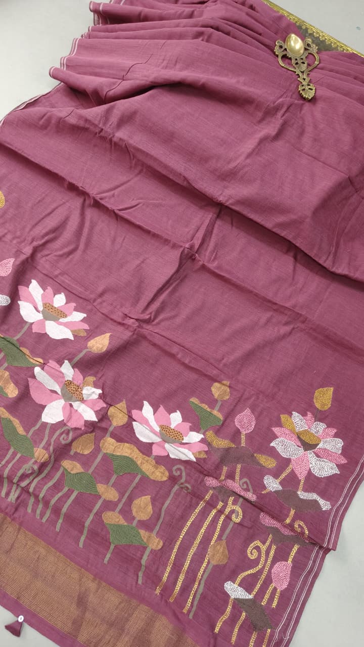 Dark Mauve Silk Cotton Saree With Hand Jamdani and Floral Embroidery-Ponchu