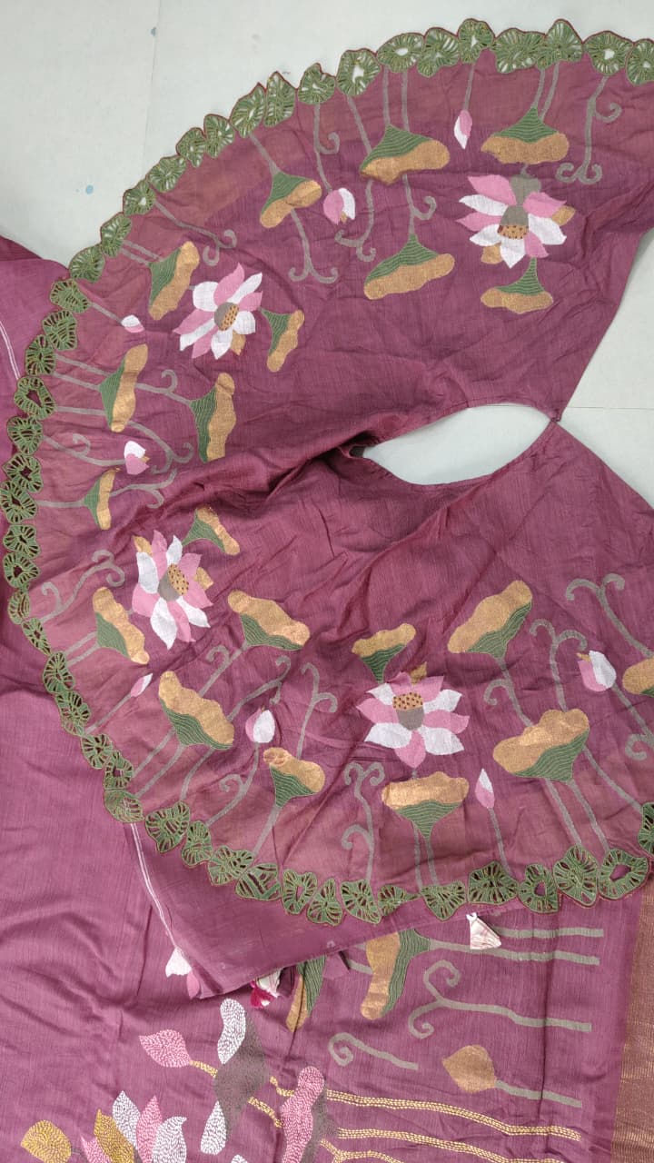 Dark Mauve Silk Cotton Saree With Hand Jamdani and Floral Embroidery-Ponchu