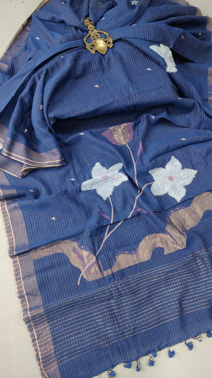 Navy Blue Silk Cotton Saree With Hand Jamdani-Embroidery and Sequins-Cutdana