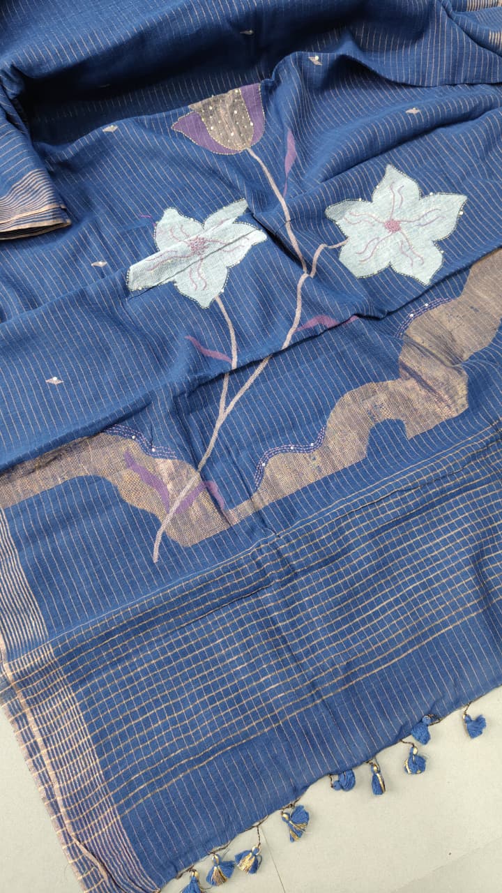 Navy Blue Silk Cotton Saree With Hand Jamdani-Embroidery and Sequins-Cutdana