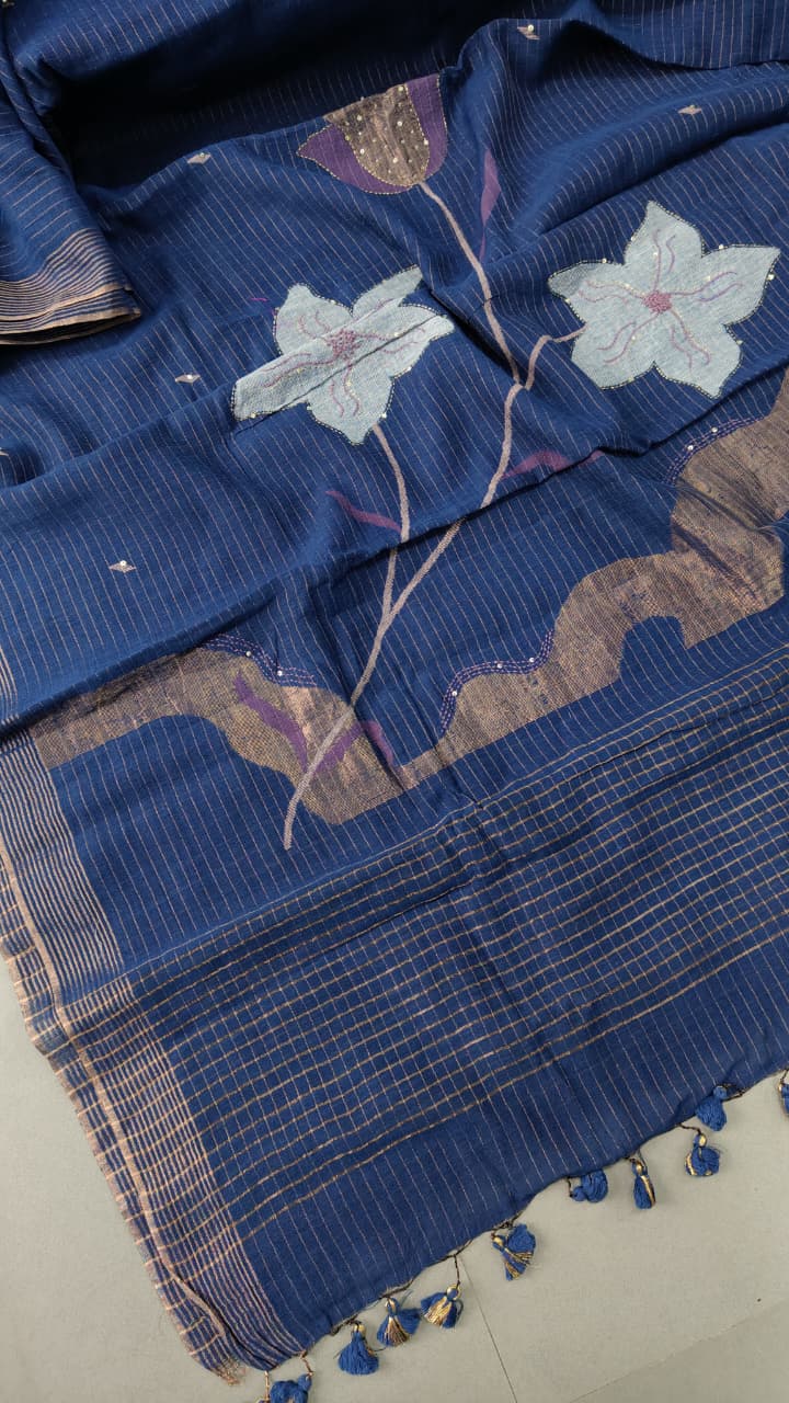 Navy Blue Silk Cotton Saree With Hand Jamdani-Embroidery and Sequins-Cutdana