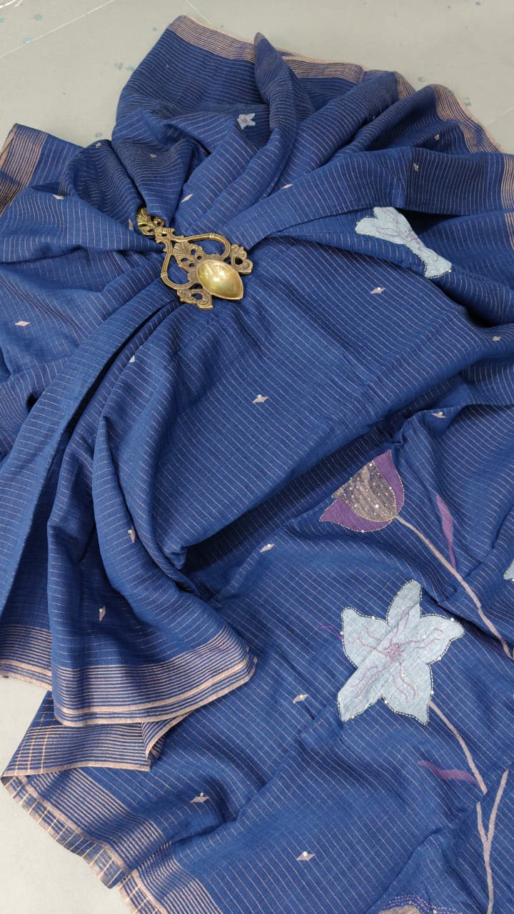 Navy Blue Silk Cotton Saree With Hand Jamdani-Embroidery and Sequins-Cutdana