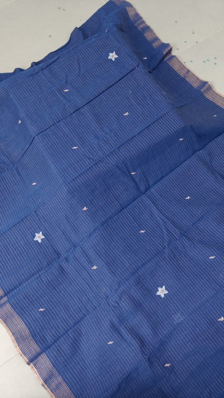 Navy Blue Silk Cotton Saree With Hand Jamdani-Embroidery and Sequins-Cutdana