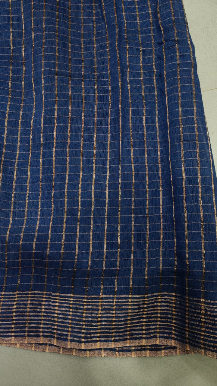 Navy Blue Silk Cotton Saree With Hand Jamdani-Embroidery and Sequins-Cutdana