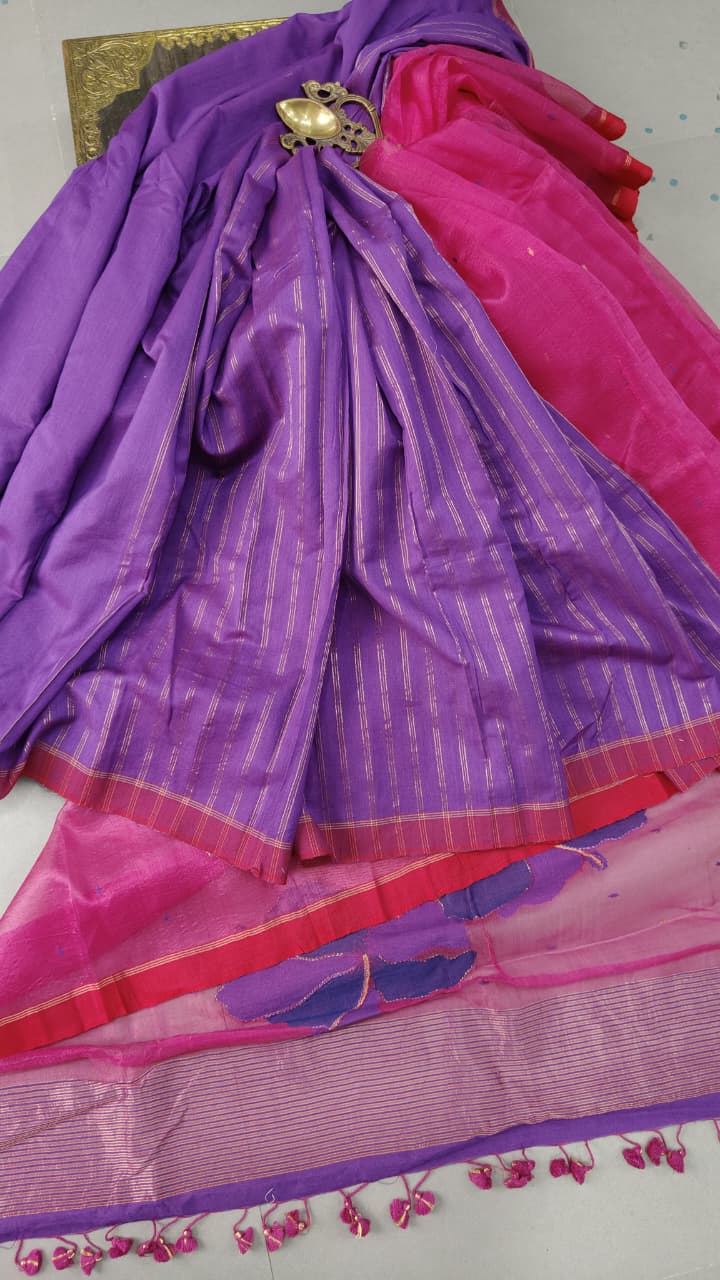 Purple-Pink Half and Half Silk Kora Cotton Saree With Hand Jamdani and Floral Embroidery and Minimal Border