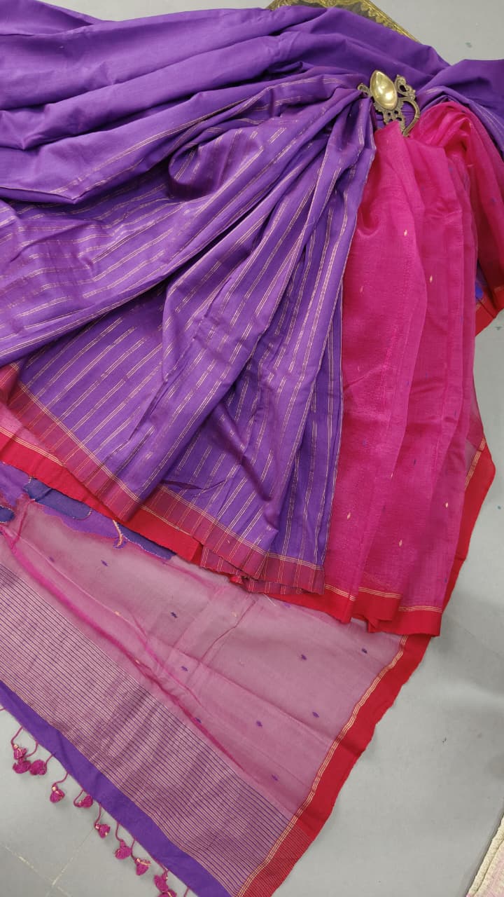 Purple-Pink Half and Half Silk Kora Cotton Saree With Hand Jamdani and Floral Embroidery and Minimal Border