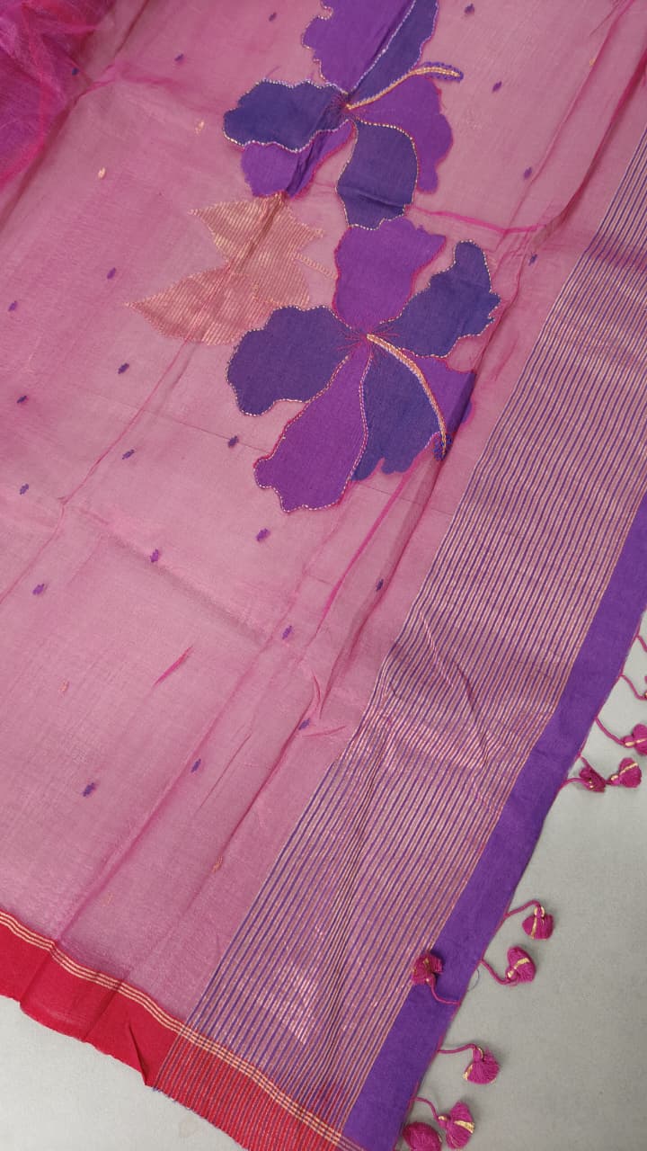Purple-Pink Half and Half Silk Kora Cotton Saree With Hand Jamdani and Floral Embroidery and Minimal Border