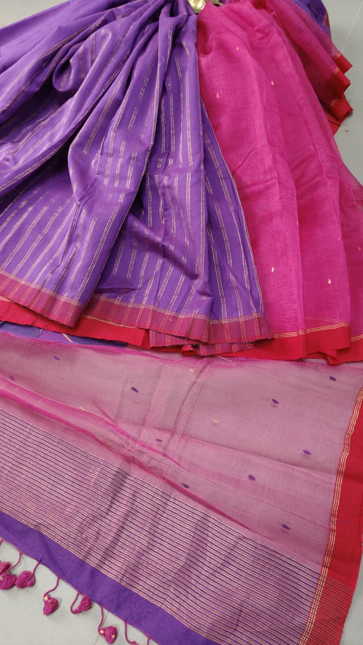 Purple-Pink Half and Half Silk Kora Cotton Saree With Hand Jamdani and Floral Embroidery and Minimal Border