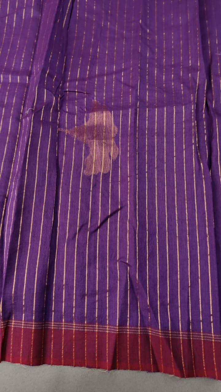 Purple-Pink Half and Half Silk Kora Cotton Saree With Hand Jamdani and Floral Embroidery and Minimal Border