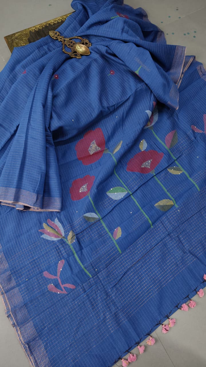 Indigo Silk Cotton Saree With Hand Jamdani and Floral Embroidery and Sequins-Cutdana | SHOBITAM