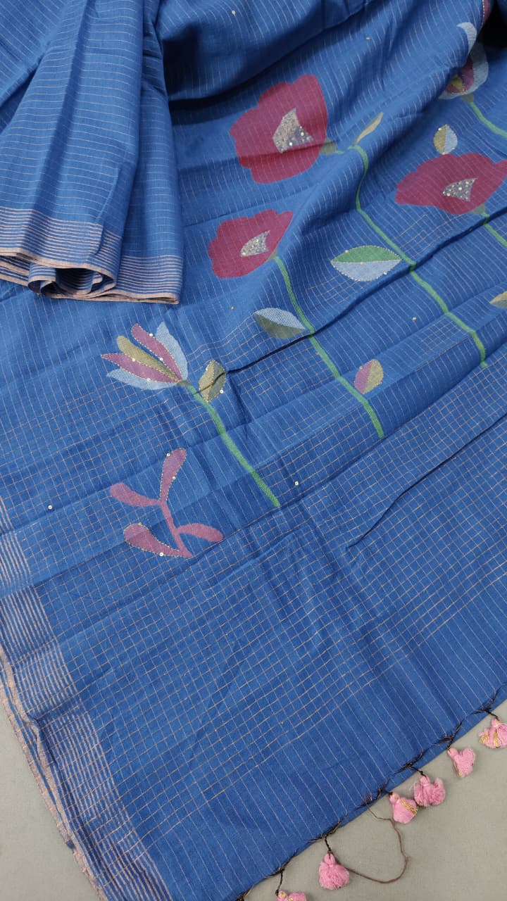 Indigo Silk Cotton Saree With Hand Jamdani and Floral Embroidery and Sequins-Cutdana | SHOBITAM