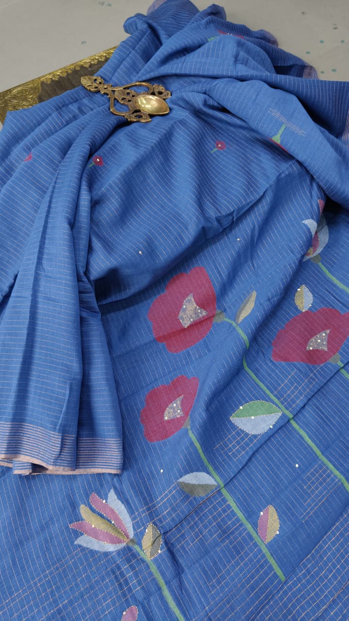 Indigo Silk Cotton Saree With Hand Jamdani and Floral Embroidery and Sequins-Cutdana | SHOBITAM