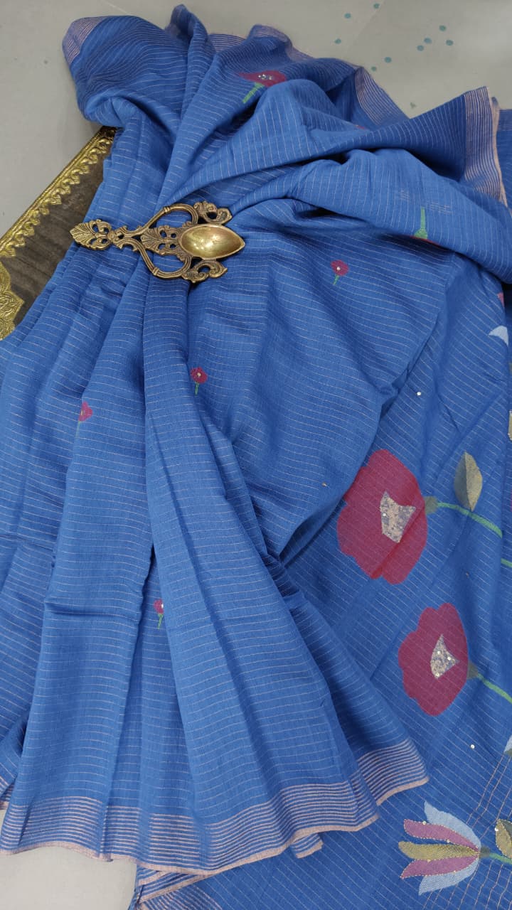 Indigo Silk Cotton Saree With Hand Jamdani and Floral Embroidery and Sequins-Cutdana | SHOBITAM