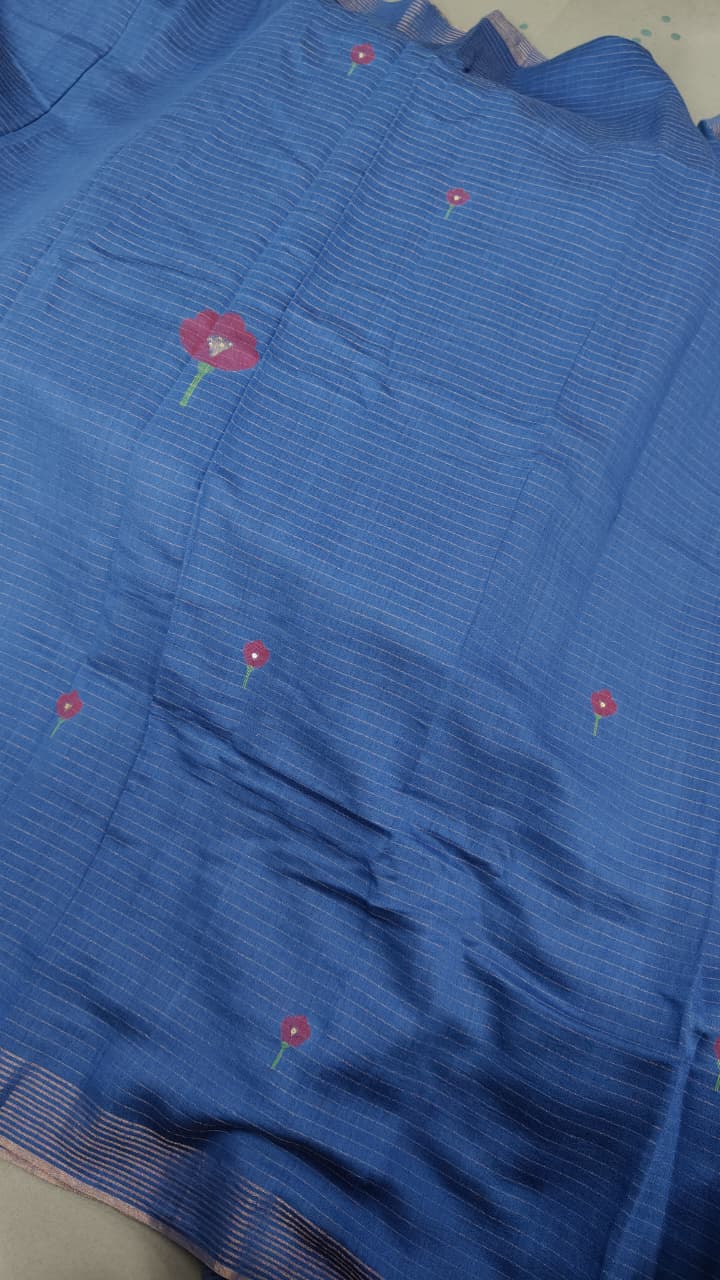 Indigo Silk Cotton Saree With Hand Jamdani and Floral Embroidery and Sequins-Cutdana | SHOBITAM