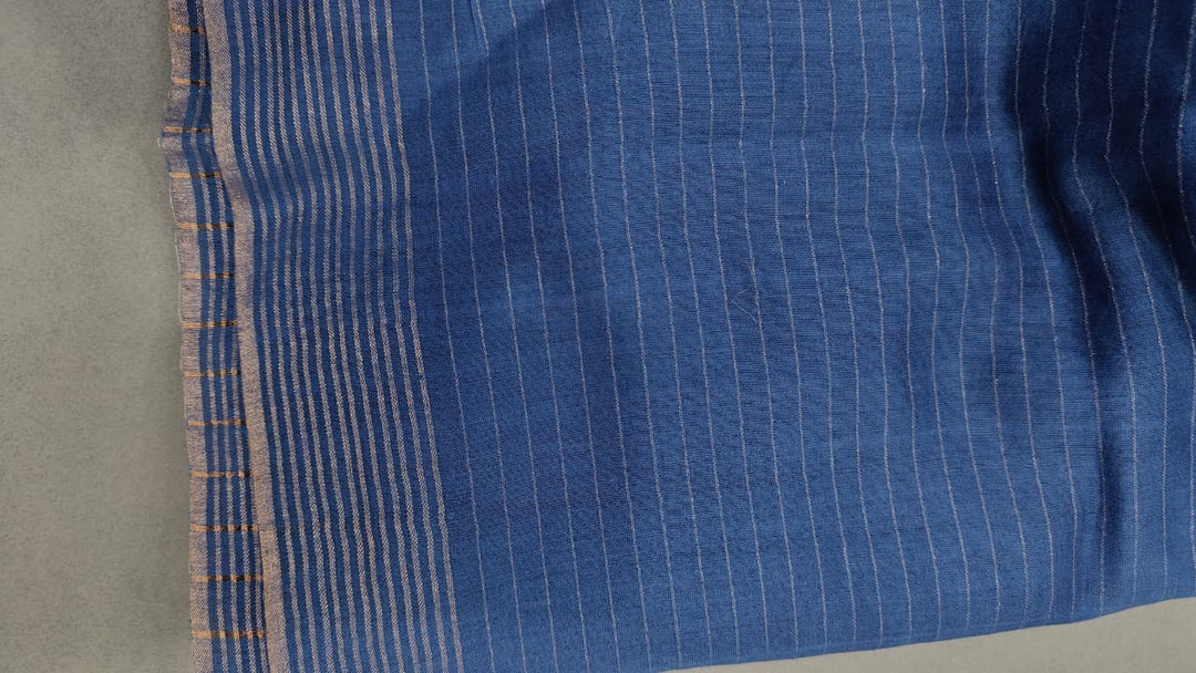 Indigo Silk Cotton Saree With Hand Jamdani and Floral Embroidery and Sequins-Cutdana | SHOBITAM