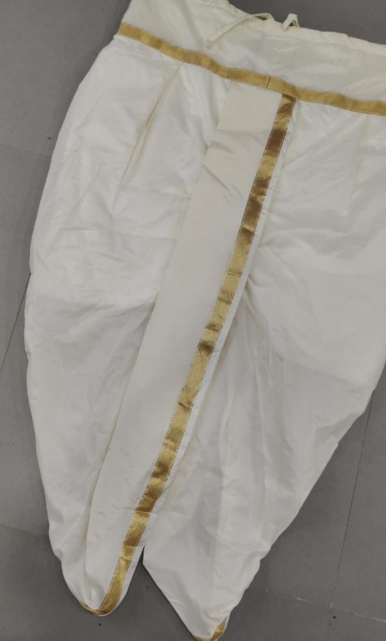 White Stitched Dhoti and Angavastram with Zari Border, Customizable, Made to Order | SHOBITAM