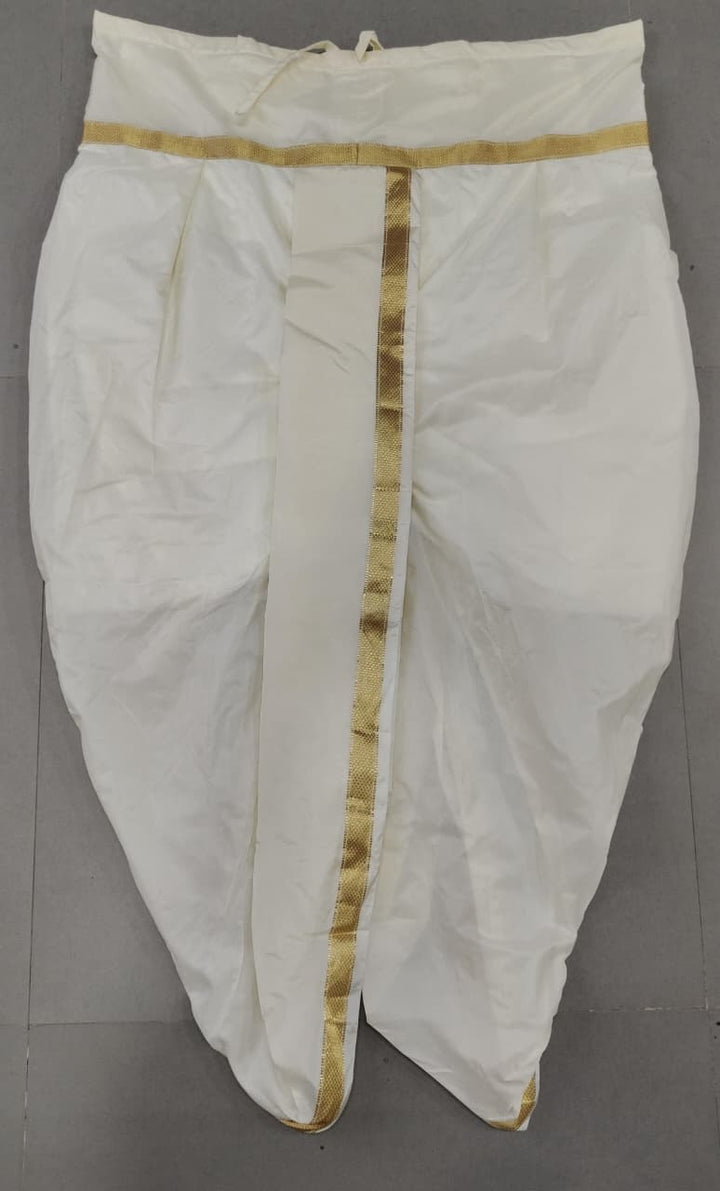 White Stitched Dhoti and Angavastram with Zari Border, Customizable, Made to Order | SHOBITAM