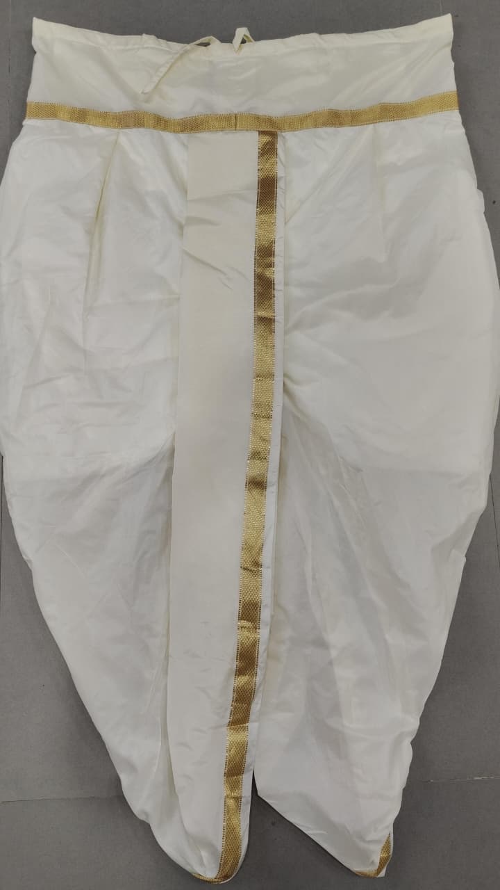 White Stitched Dhoti and Angavastram with Zari Border, Customizable, Made to Order | SHOBITAM