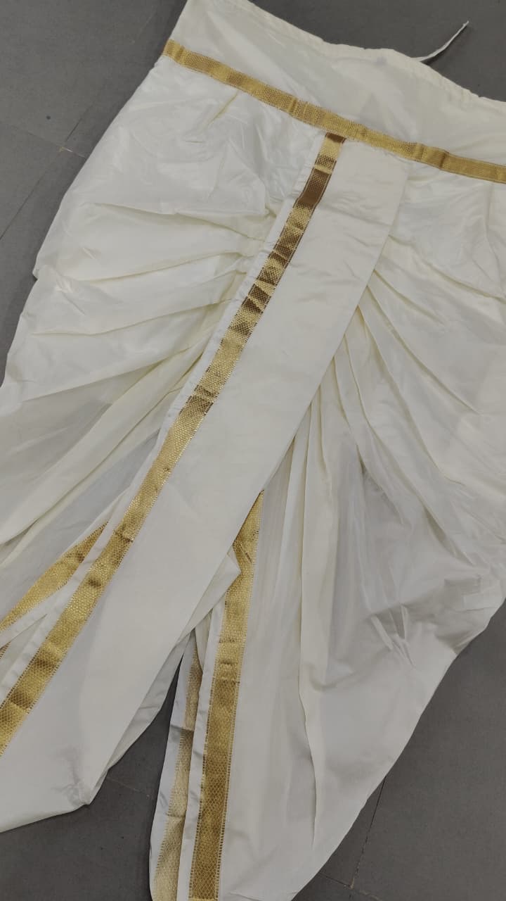 White Stitched Dhoti and Angavastram with Zari Border, Customizable, Made to Order | SHOBITAM