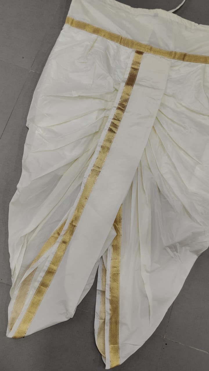 White Stitched Dhoti and Angavastram with Zari Border, Customizable, Made to Order | SHOBITAM