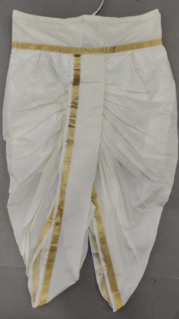 White Stitched Dhoti and Angavastram with Zari Border, Customizable, Made to Order | SHOBITAM