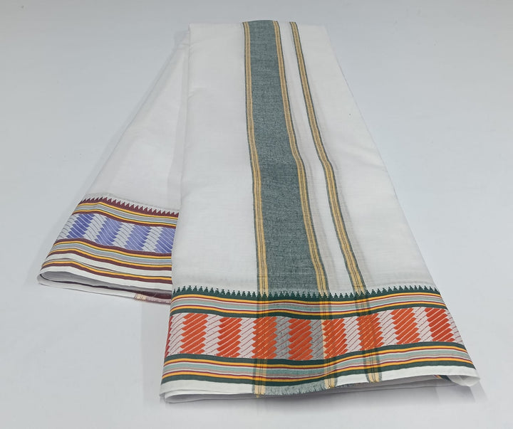 Cotton Dhoti and Angavastram undtitched in White With Traditional Brick Border | SHOBITAM