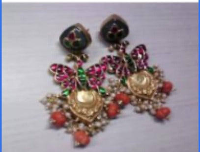 92.5 Silver, 24kt Gold Plated, Butterfly Kundan Jadau Earrings