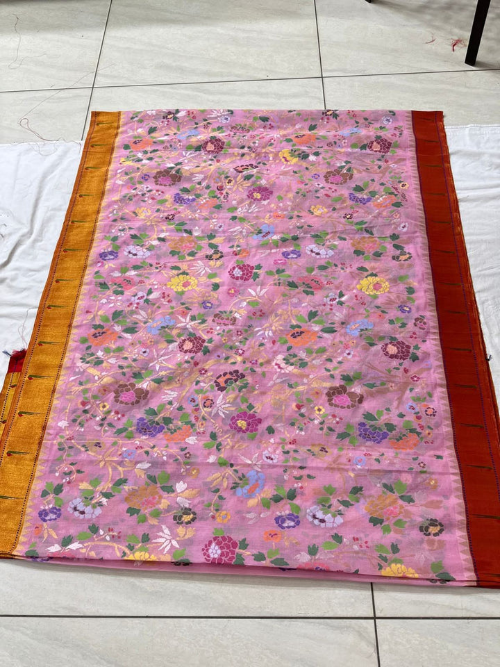 Exquisite Baby Pink Meenakari Full Hand Jamdani Weaving on Hari by Hari Cotton Saree in Body with Pure Silk Paithani Borders and Pallu | SHOBITAM