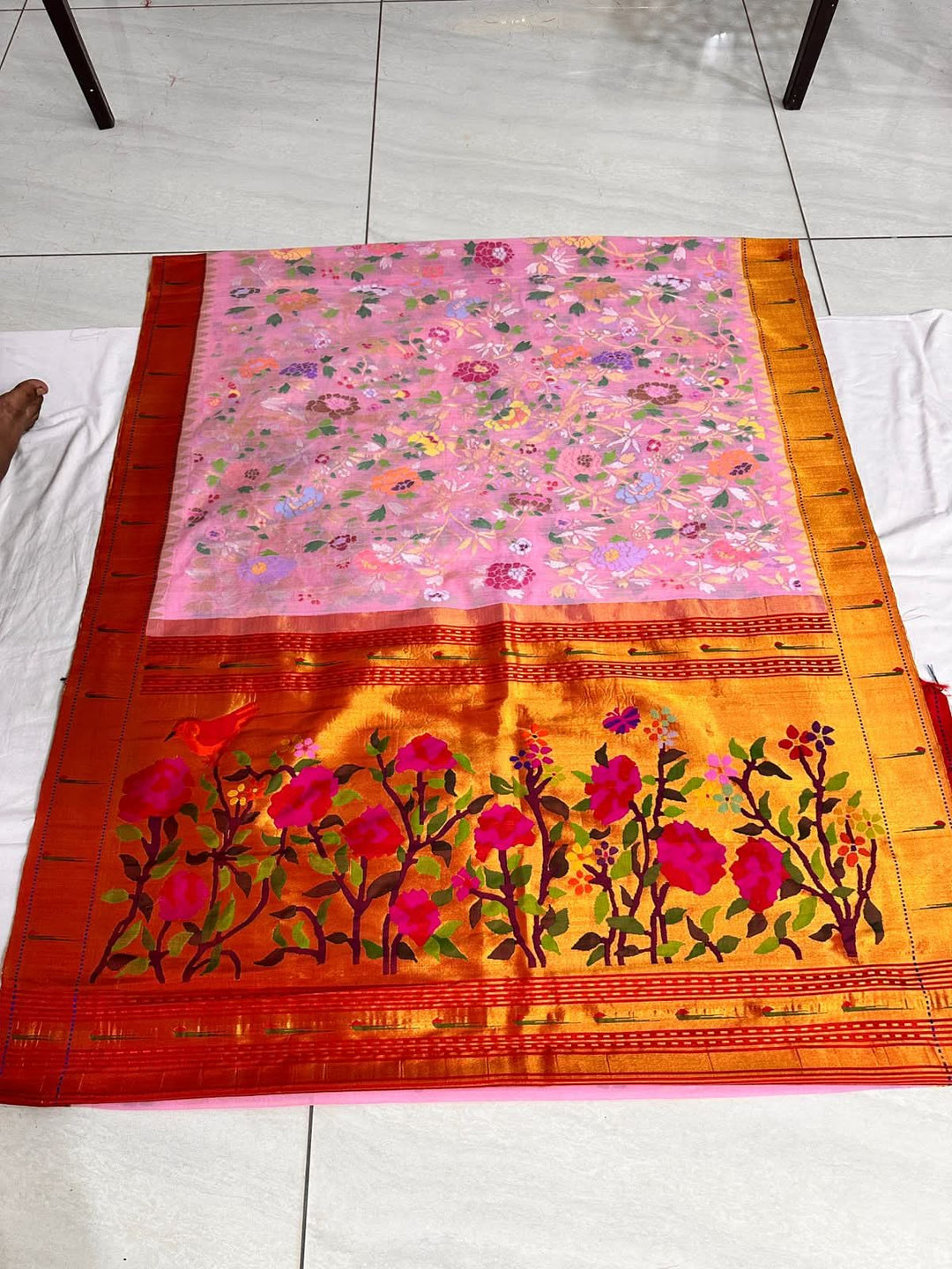 Exquisite Baby Pink Meenakari Full Hand Jamdani Weaving on Hari by Hari Cotton Saree in Body with Pure Silk Paithani Borders and Pallu | SHOBITAM